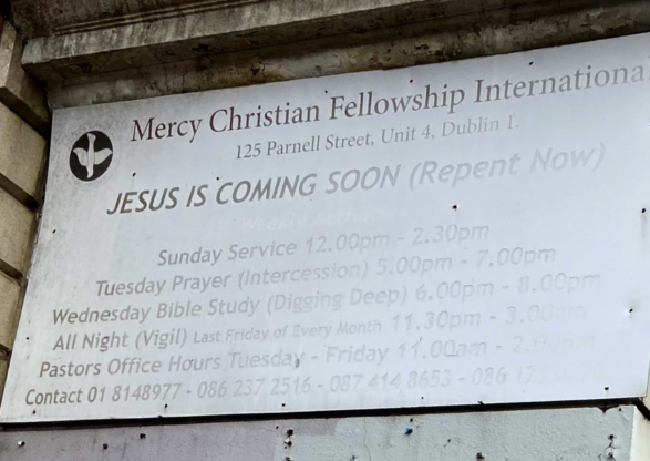 Mercy Christian Fellowship sign:'Jesus is Coming soon (repent) with service hours'