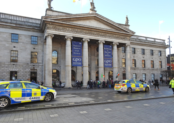 two Garda Cars parked outside the GPO Museum