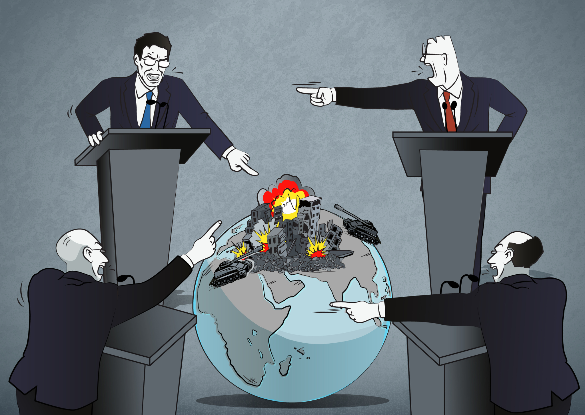 a cartoon image of four politicians standing at podiums arguing and pointing to each other while there is a globe with explosive war happening in front of them as they ignore it