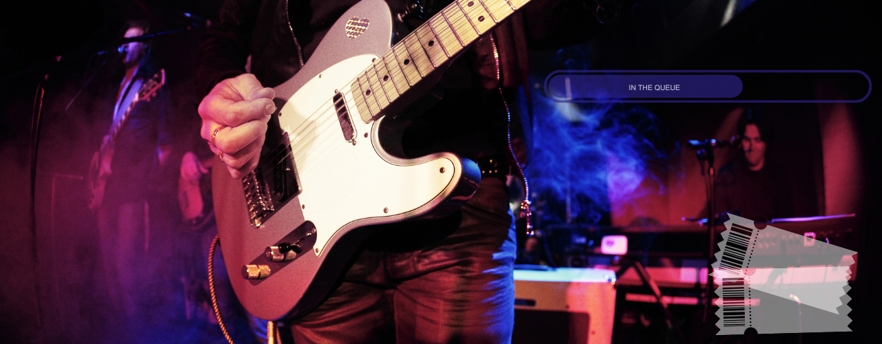 a close up image of band on stage focusing on the guitar in the leads hand. On the right there is a loading bar saying you are 'in the queue'