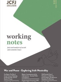 Working Notes 96 cover. Deep sage green bacground with a one line art dove holding a leaf. below that is the list of articles in this issue