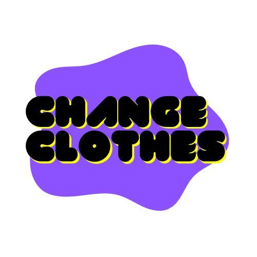 Change clothes logo, Purple blob with black writing